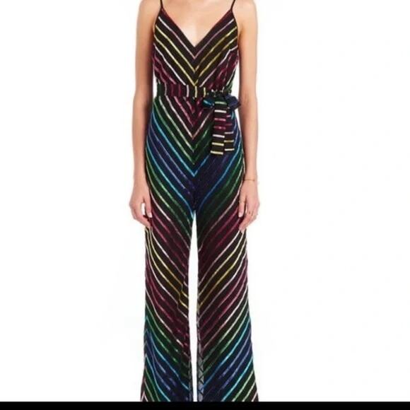 Amanda Uprichard Velvet Rainbow Striped Chevron Spaghetti Strap Jumpsuit sz S - Picture 1 of 16
